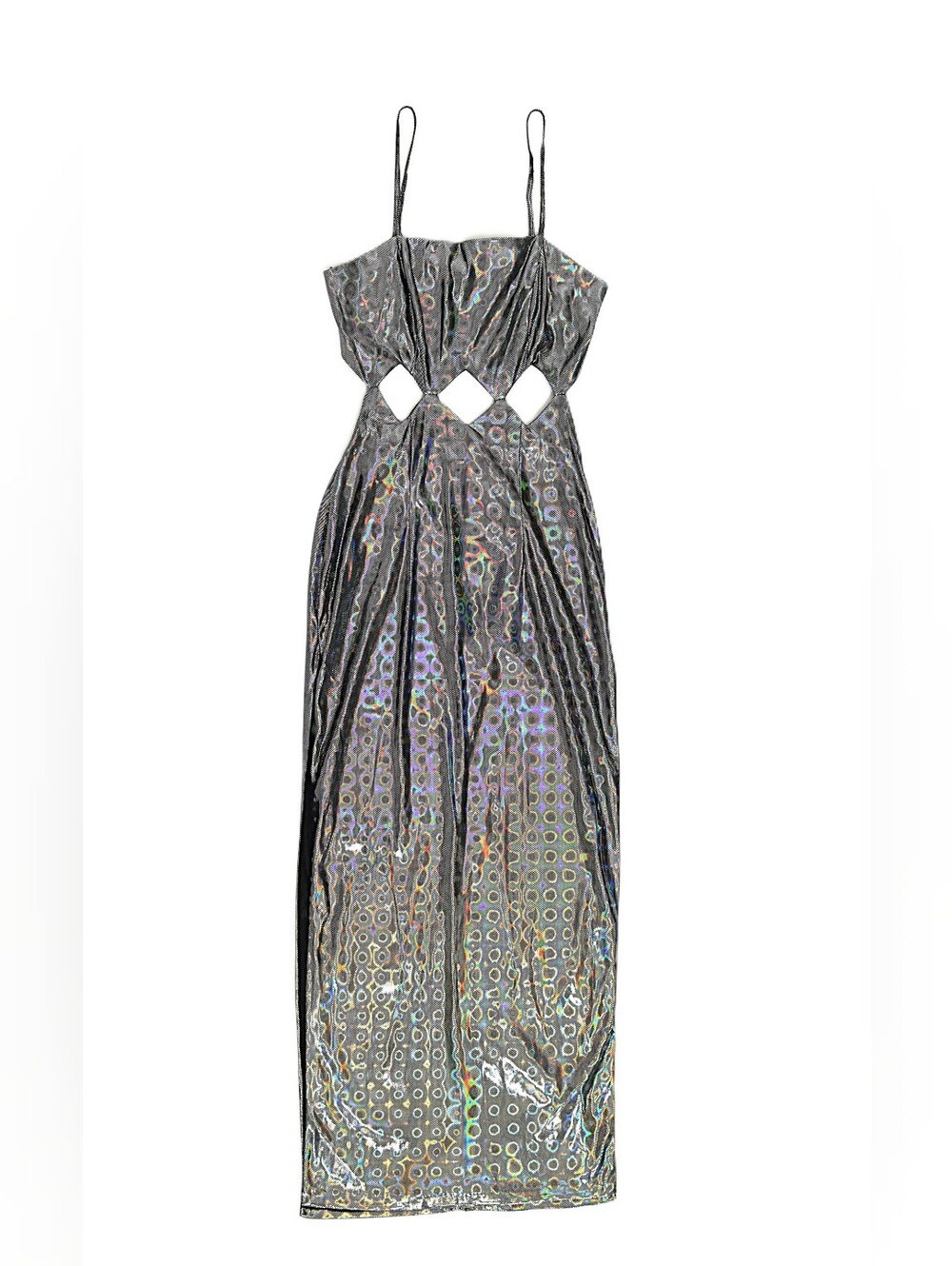 Vintage 90s Silver Holographic Metallic Cut Out Dress Floor Length Sz XS Formal